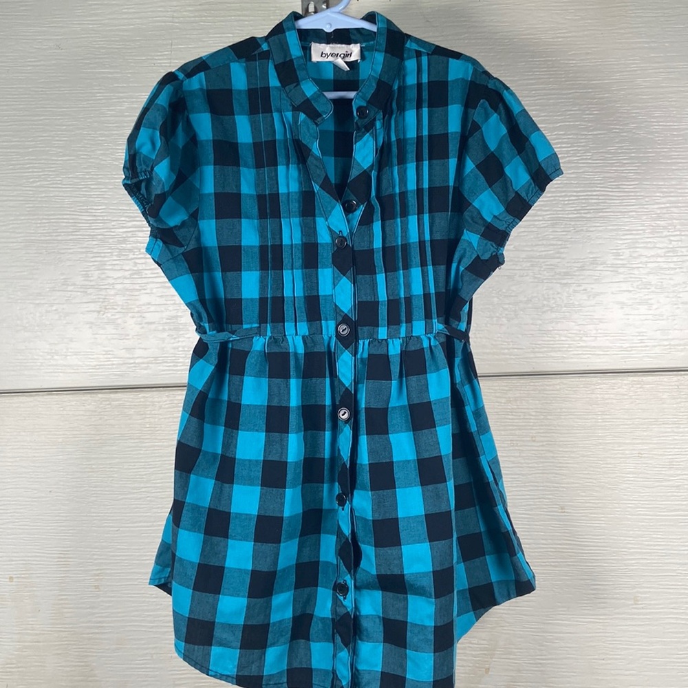 Girls Byergirl Oversized‎ Blue Plaid Cap Sleeve Button Up Blouse Size L
